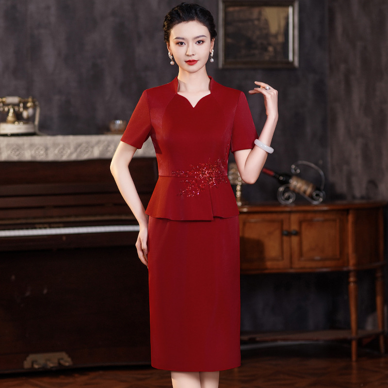 2025春夏薄款假两件肚显瘦连衣裙小个子年轻喜妈妈喜婆婆婚宴礼服