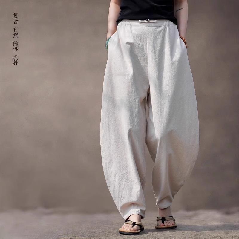 复古文艺风 亚麻裤男宽松哈伦裤 棉麻休闲裤 夏季 阔腿灯笼长裤子