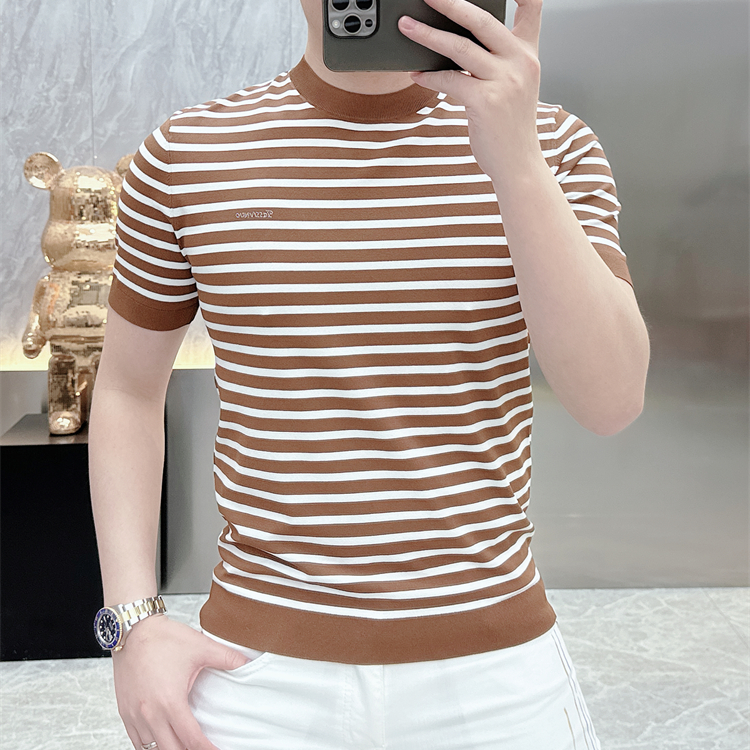 高档欧货短袖t恤男士圆领针织夏季半袖潮流上衣痞帅修身条纹百搭t
