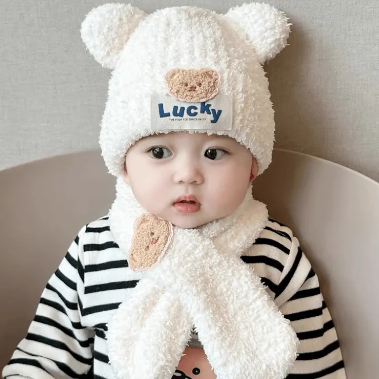 婴儿帽子围巾两件套冬季可爱小熊宝宝护耳帽加厚保暖男女童套头帽
