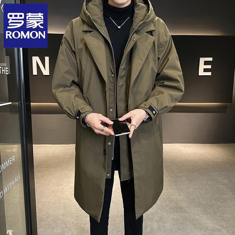 Romon/罗蒙冬季新款男中长款加厚及膝羽绒服潮牌ins派克服男外套