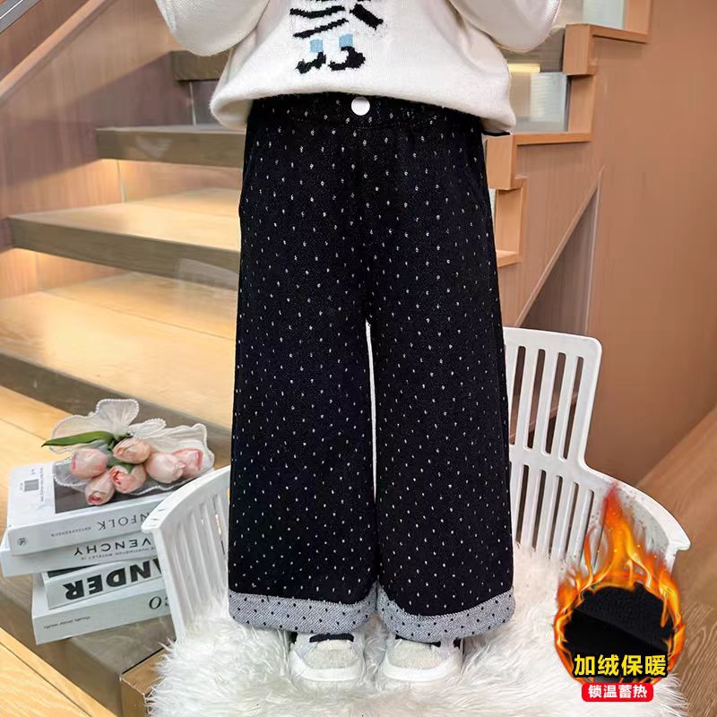 女童加绒裤子秋冬款2025新款一体绒儿童洋气女宝宝冬季直筒阔腿裤