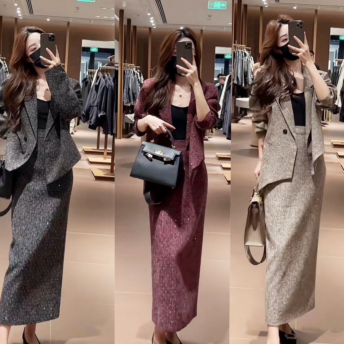 新款设计感洋气显瘦满天星镶钻西装外套开叉修身百搭半身裙套装女