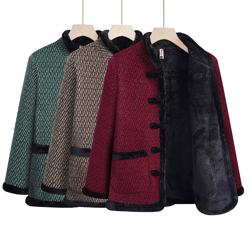 妈妈装秋冬装民族风加绒保暖外套新中老年女装中国风盘扣棉服外套