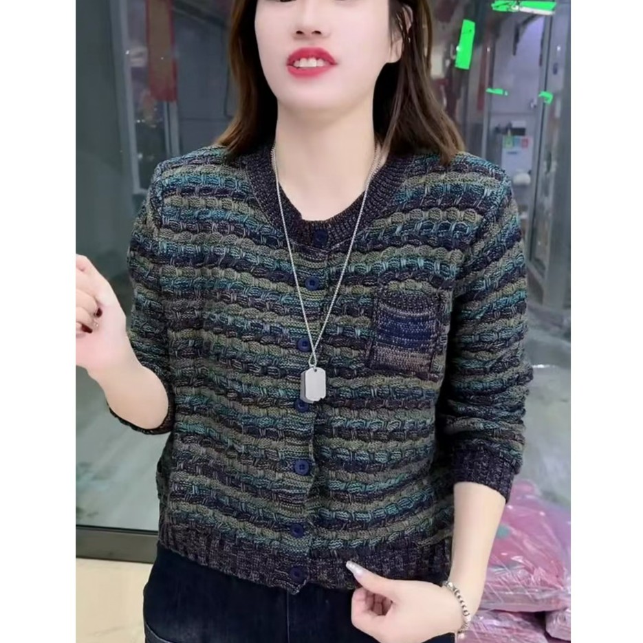 春秋新款彩线开衫长袖针织短款时尚休闲百搭显瘦气质外穿好看圆领