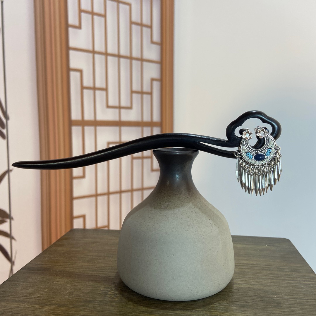 双面天然黑檀木发簪【月牙瑶】网红民族风步摇盘发簪木簪子盘发3584