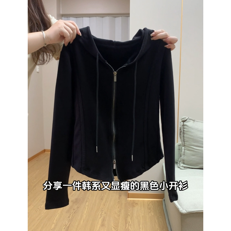 鱼骨双拉链连帽长袖t恤女秋季遮肚显瘦打底上衣气质时尚休闲百搭