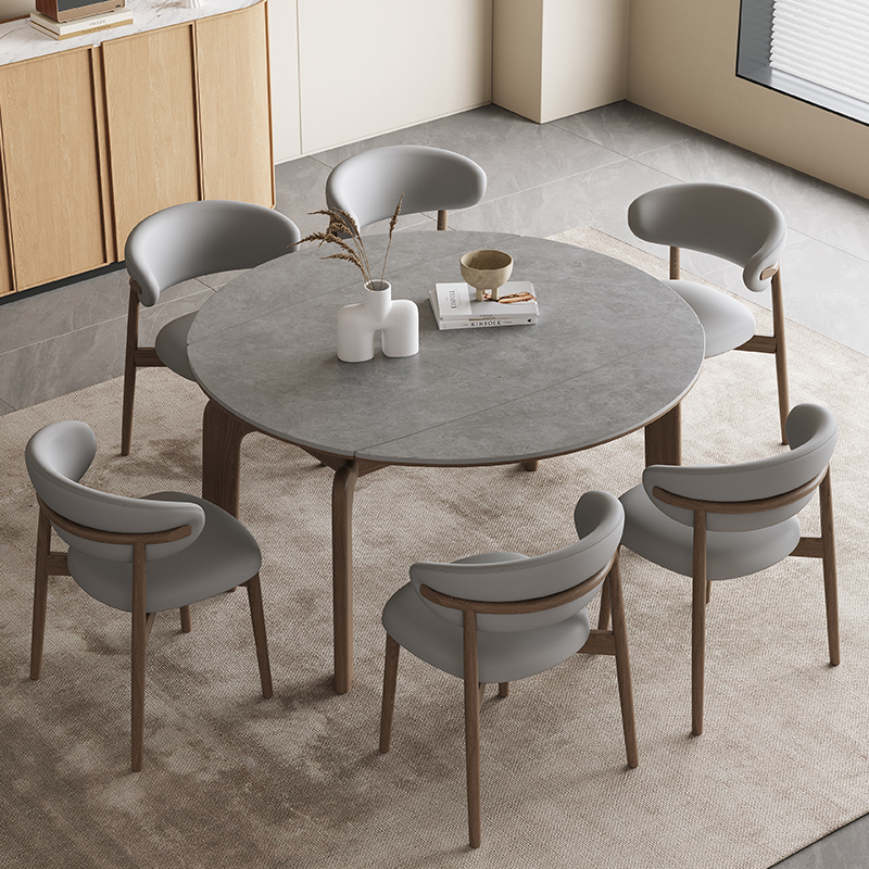 圆形大象实木岩板餐桌可伸缩家用小户型方圆两用可变圆饭桌子简约