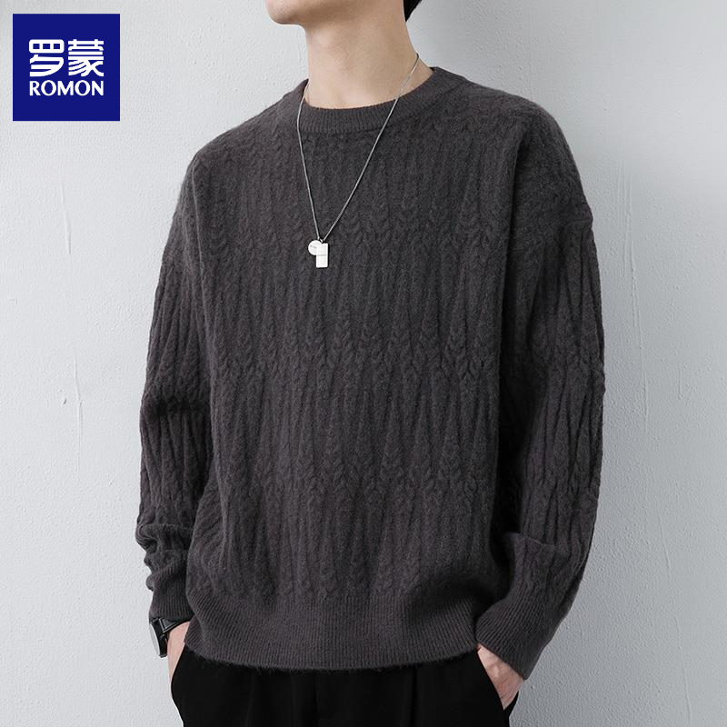 罗蒙高档圆领毛衣男士打底毛线衣服秋季新款潮牌休闲保暖针织衫男