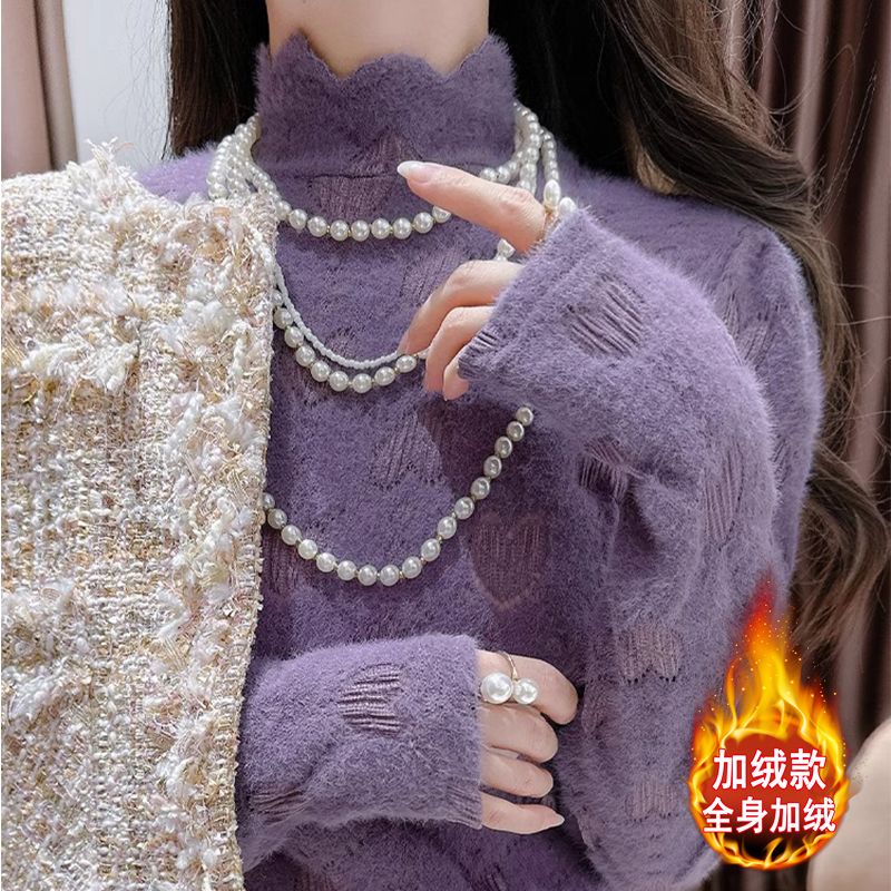 加厚磨毛蕾丝打底2025秋冬季半高领新款秋冬洋气加绒保暖上衣
