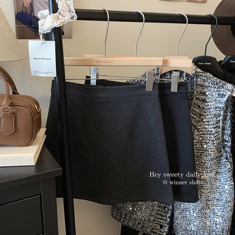 复古辣妹纯色高腰毛呢短裙女早秋新款小个子气质显瘦半身裙A字裙