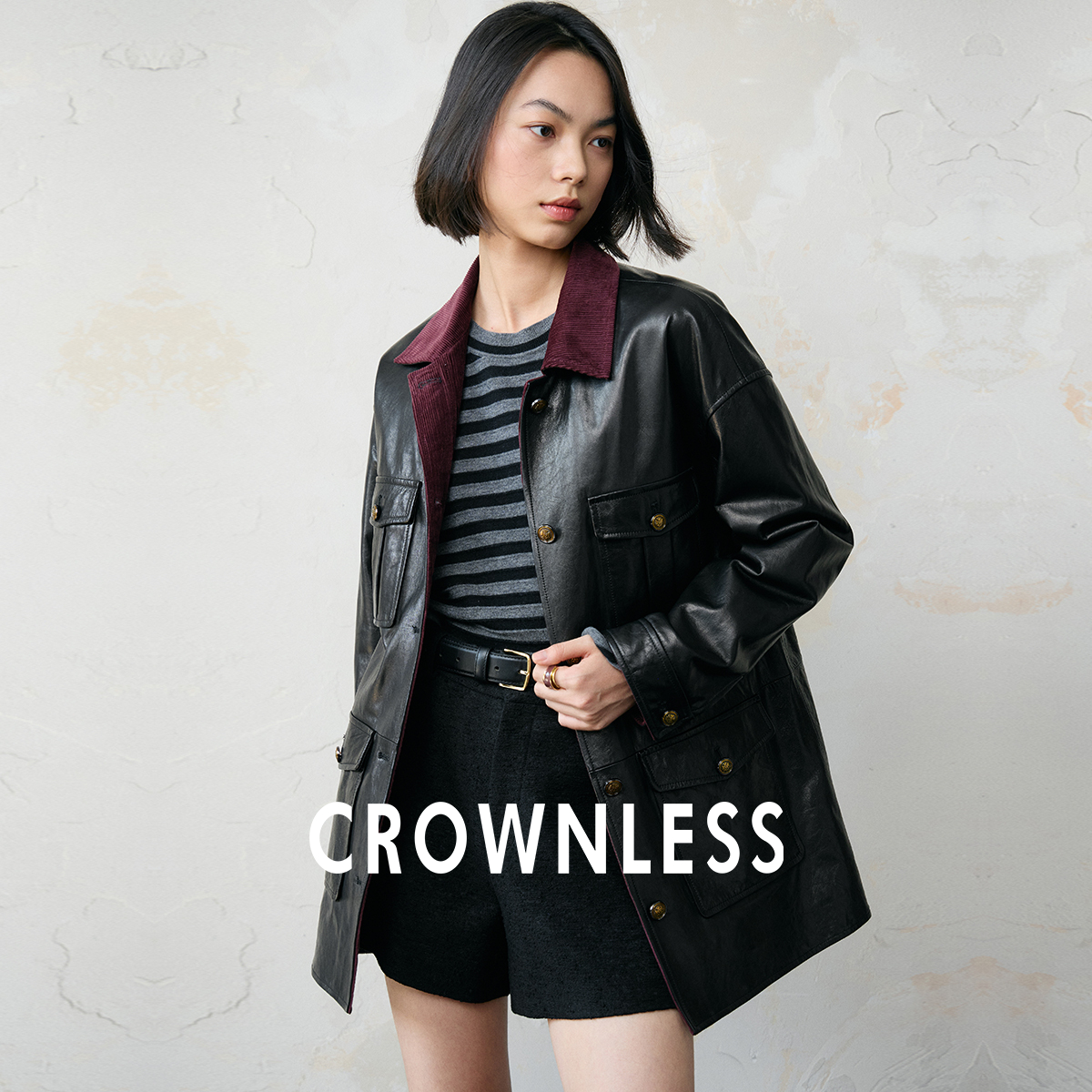 CROWNLESS未冕复古老钱进口赫本绵羊皮波尔多红灯芯绒工装皮夹克