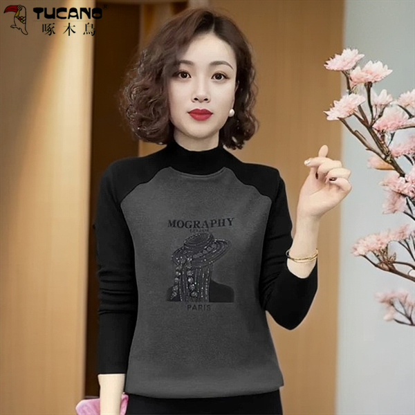 啄木鸟双面德绒减龄新款上衣女长袖T恤气质打底衫半高领女士显瘦