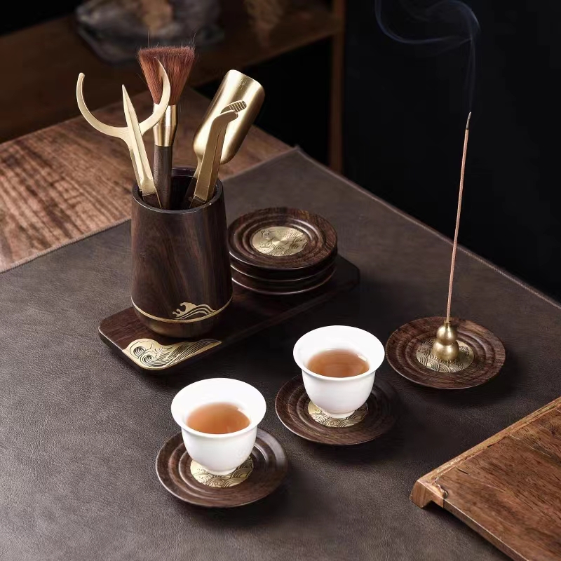 豪华纯铜茶道六君子杯垫全套黑檀木茶夹茶勺茶刀功夫茶具轻奢配件