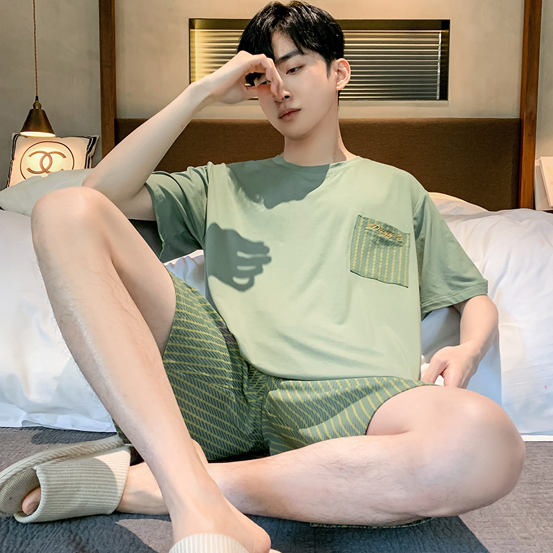 夏季男士睡衣套装家居服休闲青少年薄款圆领有弹性潮流莫代尔棉