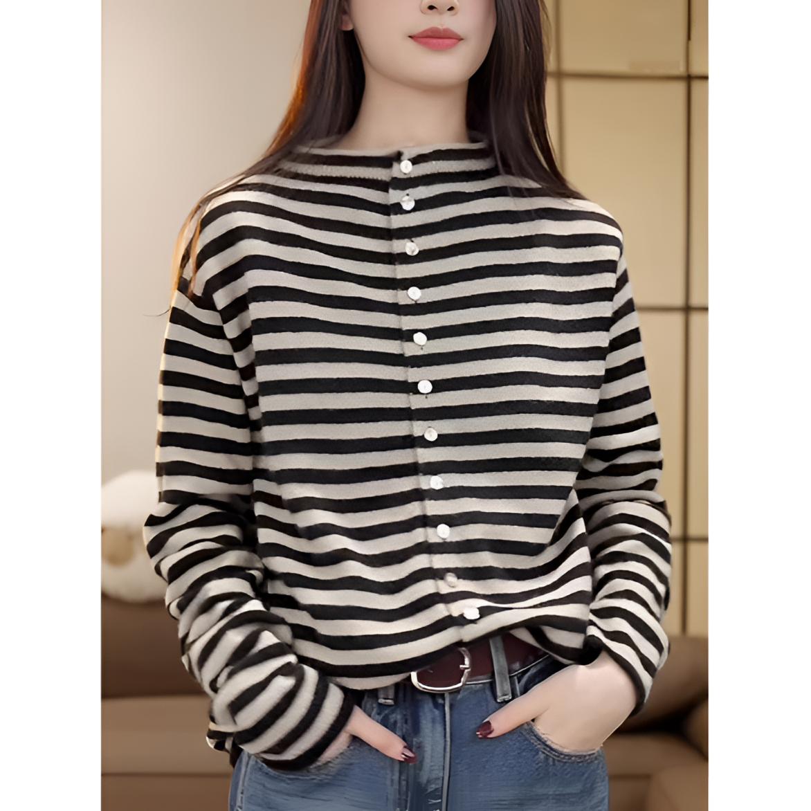 2025新款秋冬季条纹撞色长袖针织开衫毛衣女慵懒风高级感外套上衣