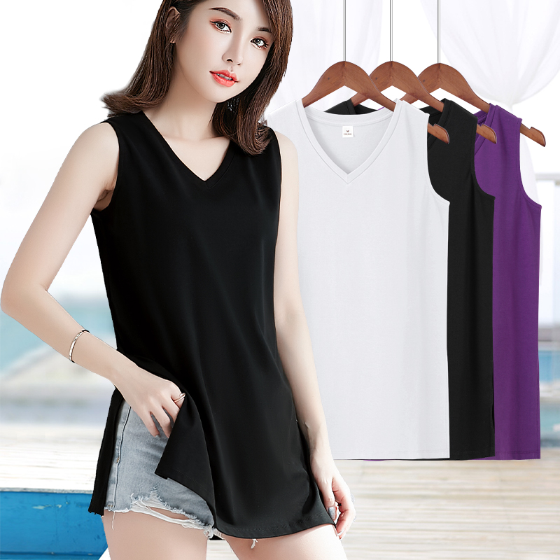 无袖吊带上衣女夏外穿宽松遮屁股中长款下摆开叉内搭打底背心#308