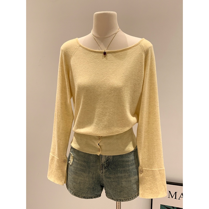 奶黄色打底开叉纽扣宽松显瘦针织衫2024年秋季女装时尚潮牌上衣女