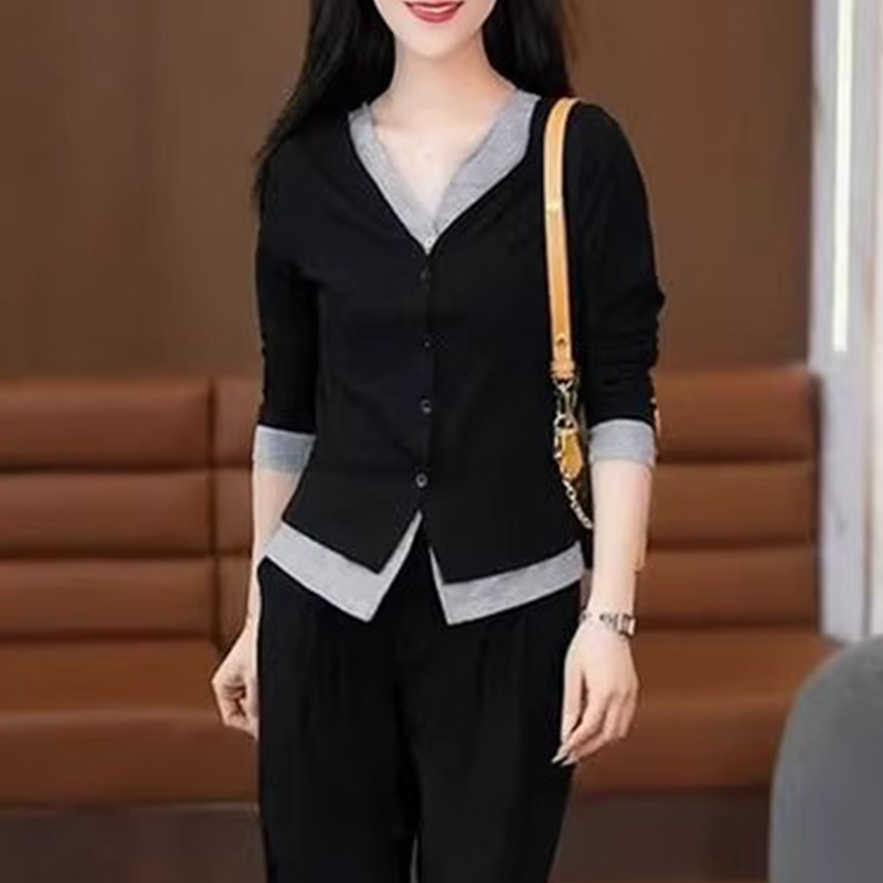 时尚洋气显瘦假两件T恤女士2025春秋新款设计感百搭休闲长袖上衣