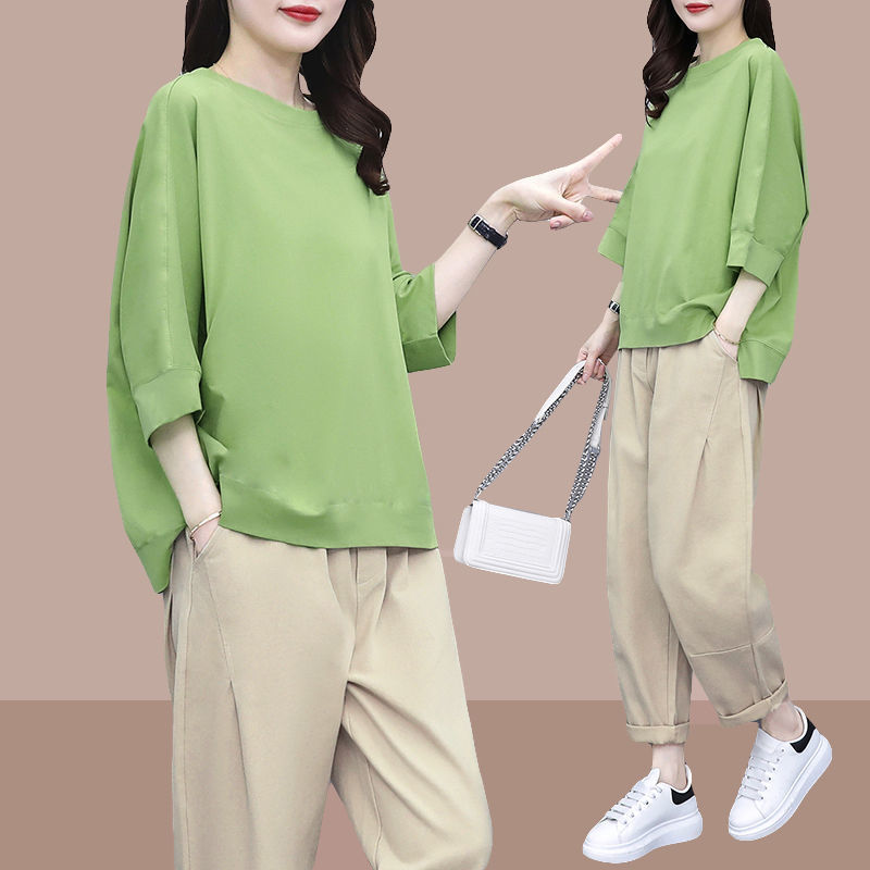 时尚休闲套装女2025春夏新款洋气爆款微胖女装宽松大码显瘦两件套