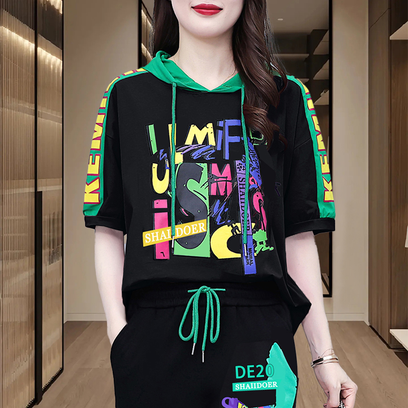 2024夏季新款宽松连帽印花上衣女士休闲运动套装百搭束脚裤两件套