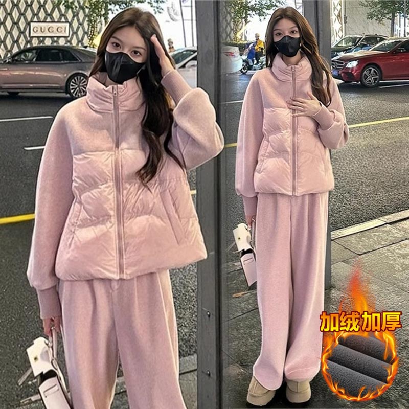 韩版时尚减龄拼接套装女士2024秋冬新款洋气设计感保暖显瘦两件套