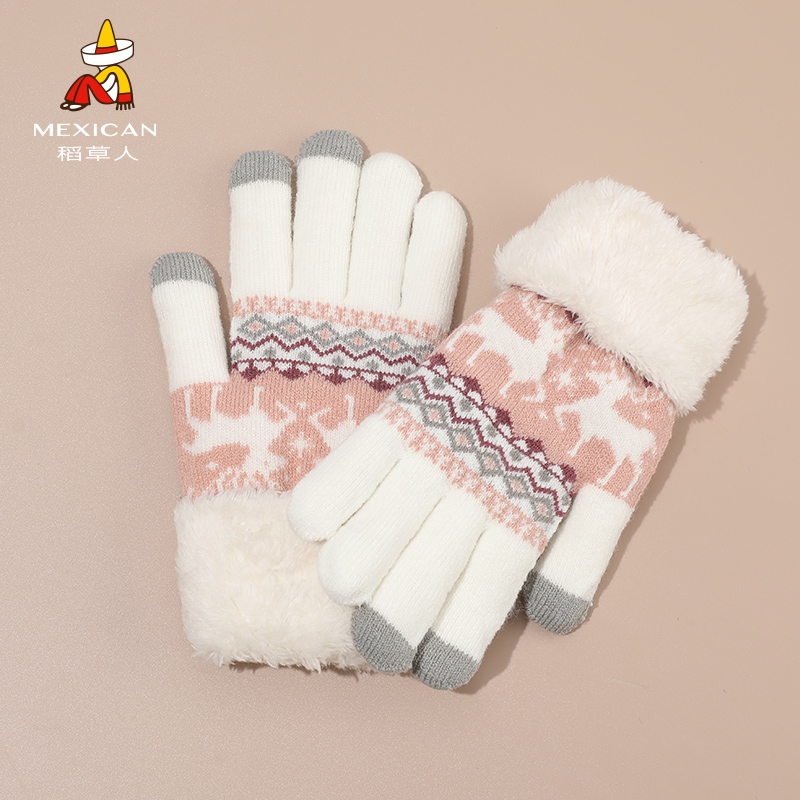 稻草人毛线手套女冬季加绒加厚保暖骑行新款防风防寒触屏针织手套