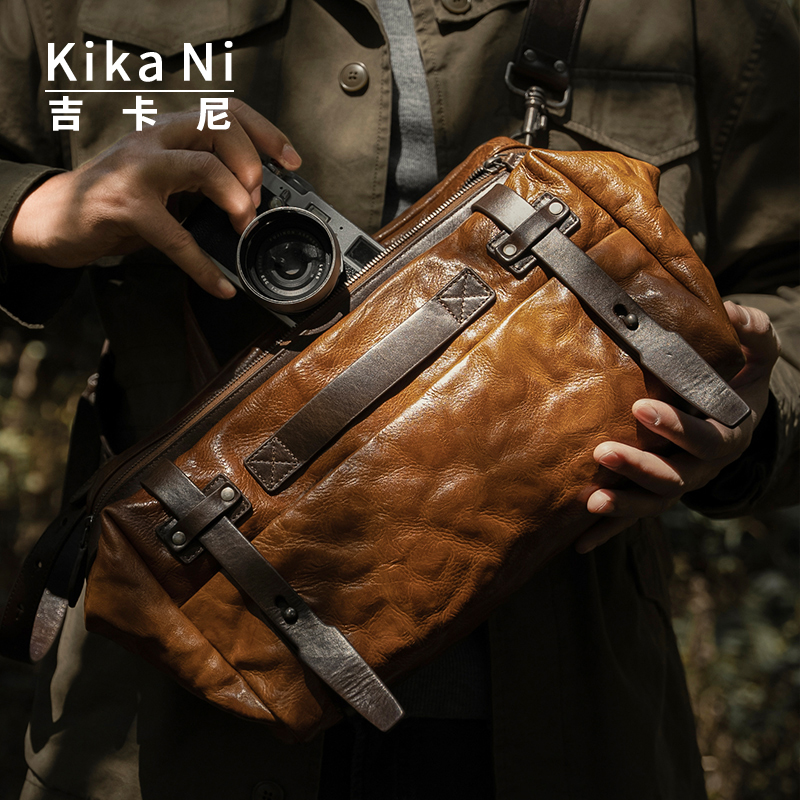 吉卡尼 斜挎包单肩背包复古邮差包摄影包真皮单反相机电脑包男士