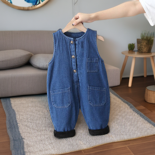 男女童加绒背带裤连体儿童牛仔加厚棉裤可开裆背带裤婴儿秋冬