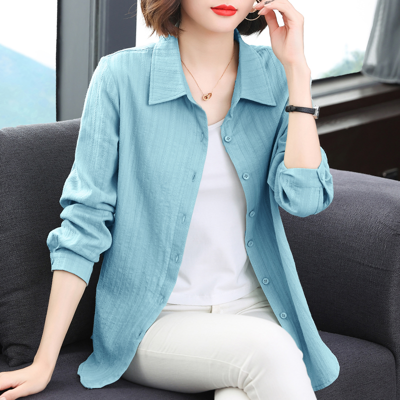 纯棉长袖衬衫女2025年爆款气质大码中长款衬衣洋气纯色上衣春秋款