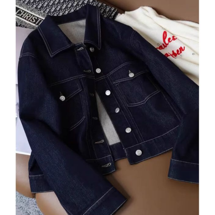 2025春秋新款短款牛仔外套休闲春季上衣复古小众设计深蓝翻领开衫