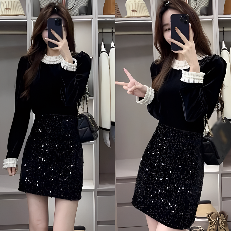 小香风套装女秋冬2025新款黑色拼接长袖衬衫高腰亮片半身裙两件套