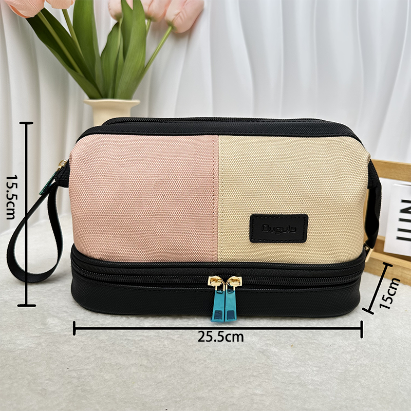 时尚多功能简约便携复古大号格纹便捷女款双层化妆包拼色洗漱包