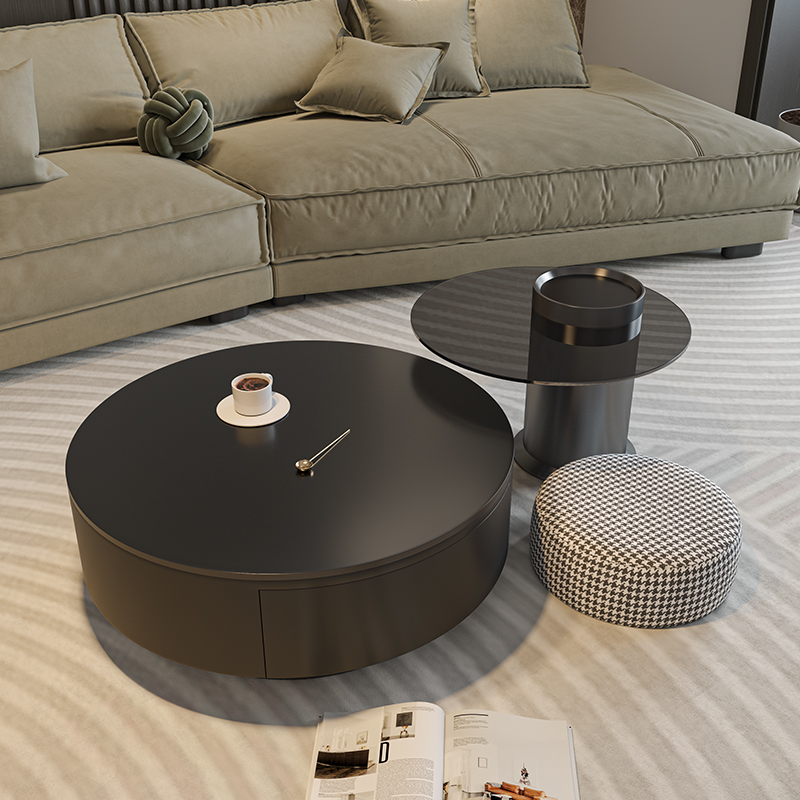 岩板圆形茶几客厅家用轻奢现代简约大小户型黑色茶桌玻璃意式极简