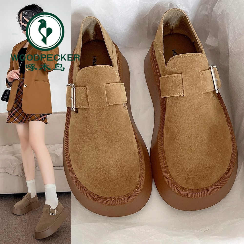 啄木鸟厚底勃肯鞋女2025春秋季新款一脚蹬面包鞋复古乐福勃肯单鞋