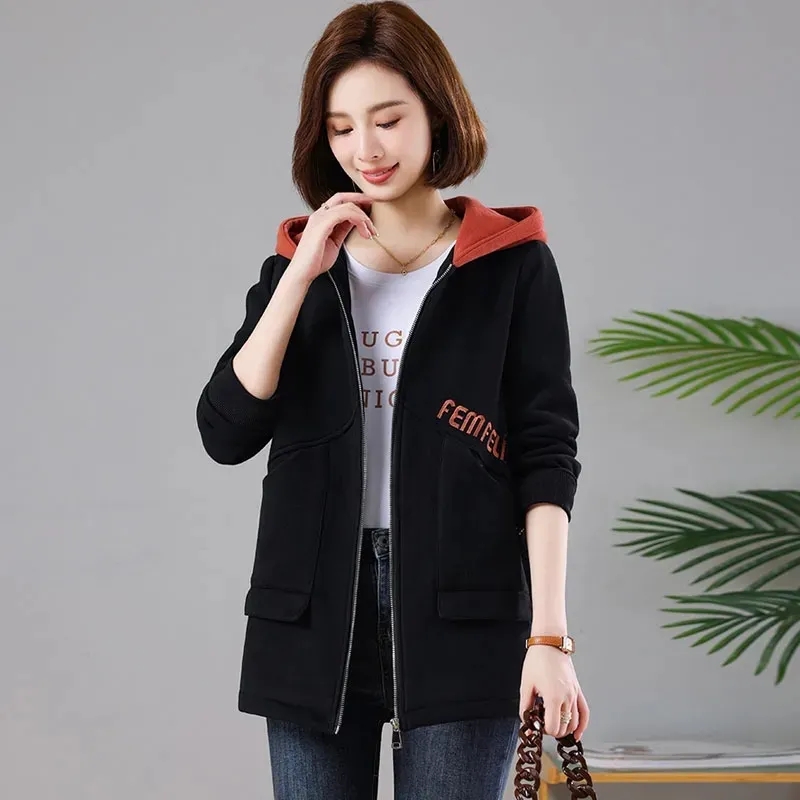 中长款连帽开衫卫衣女2024春秋女士新款外套大码宽松显瘦妈妈上衣