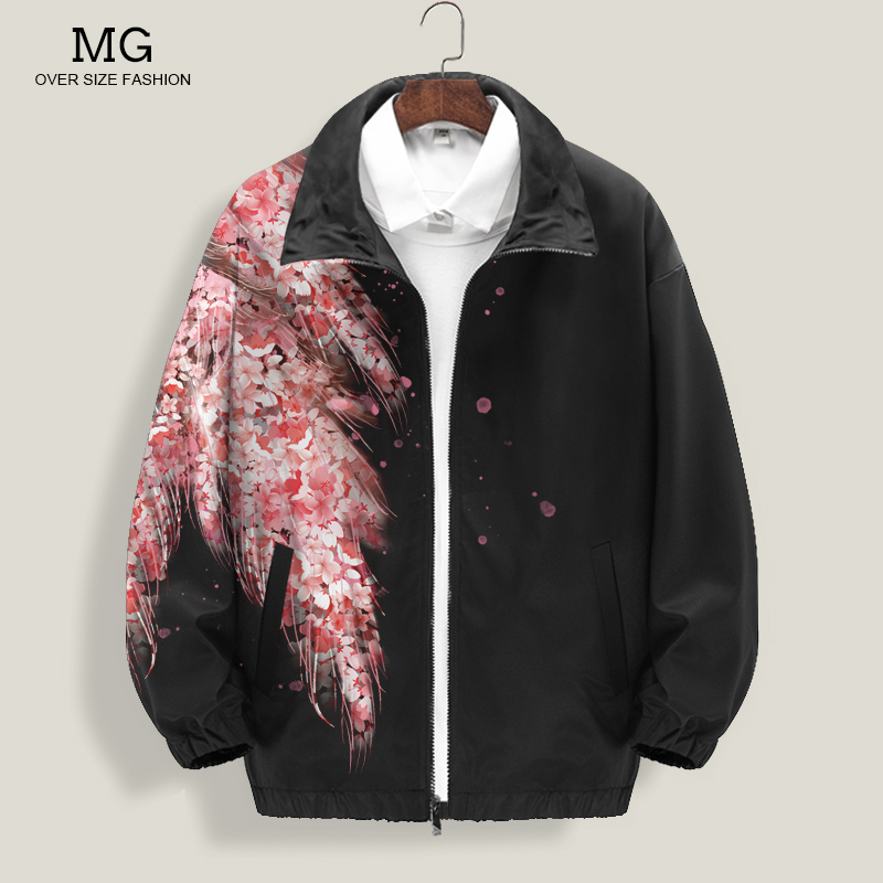 翅膀印花夹克外套男士大码加肥秋季薄款开衫上衣休闲运动无帽茄克