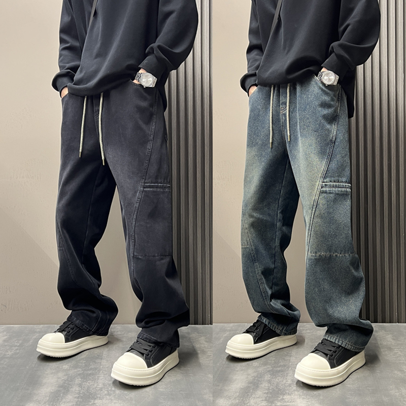 秋冬加绒加厚美式复古痞帅水洗做旧弹力牛仔裤潮流宽松休闲直筒裤