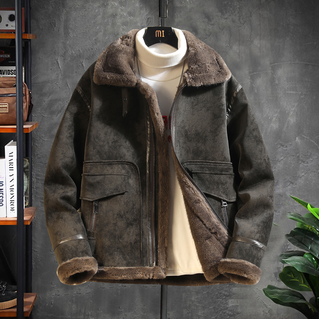 加绒加厚皮夹克男2025冬季新款皮毛一体麂皮绒外套机车服潮