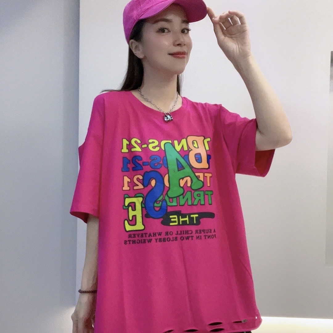 《韩家》时尚休闲百搭夏季宽松印花圆领大版肩膀破洞T恤#1530