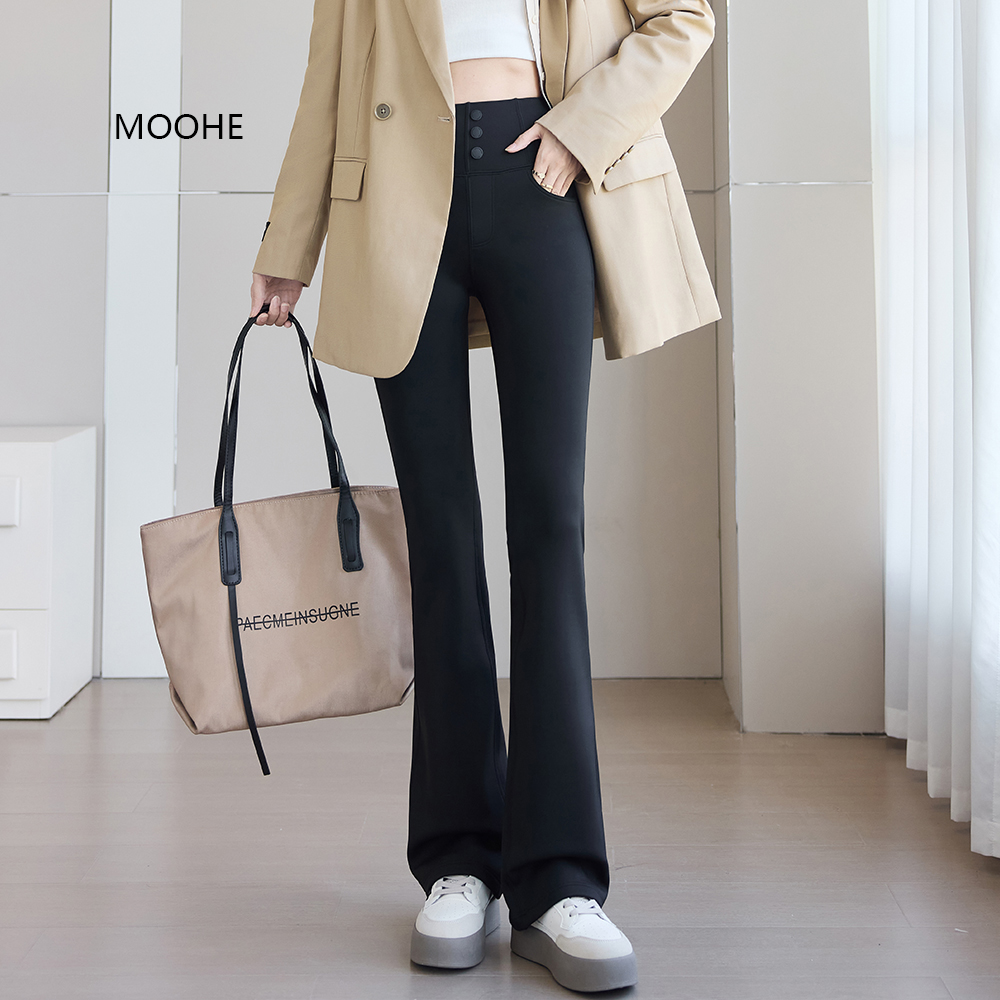 moohe秋冬外穿微喇鲨鱼裤女高腰显瘦塑形喇叭裤提臀收腹打底裤子