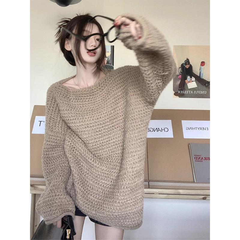 韩版一字领宽松纯色毛衣女秋冬慵懒风2024复古中长款大版针织上衣