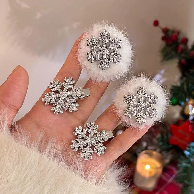 雪花氛围感毛绒发卡水钻发夹圣诞头饰拍照氛围感气质雪花发夹发饰