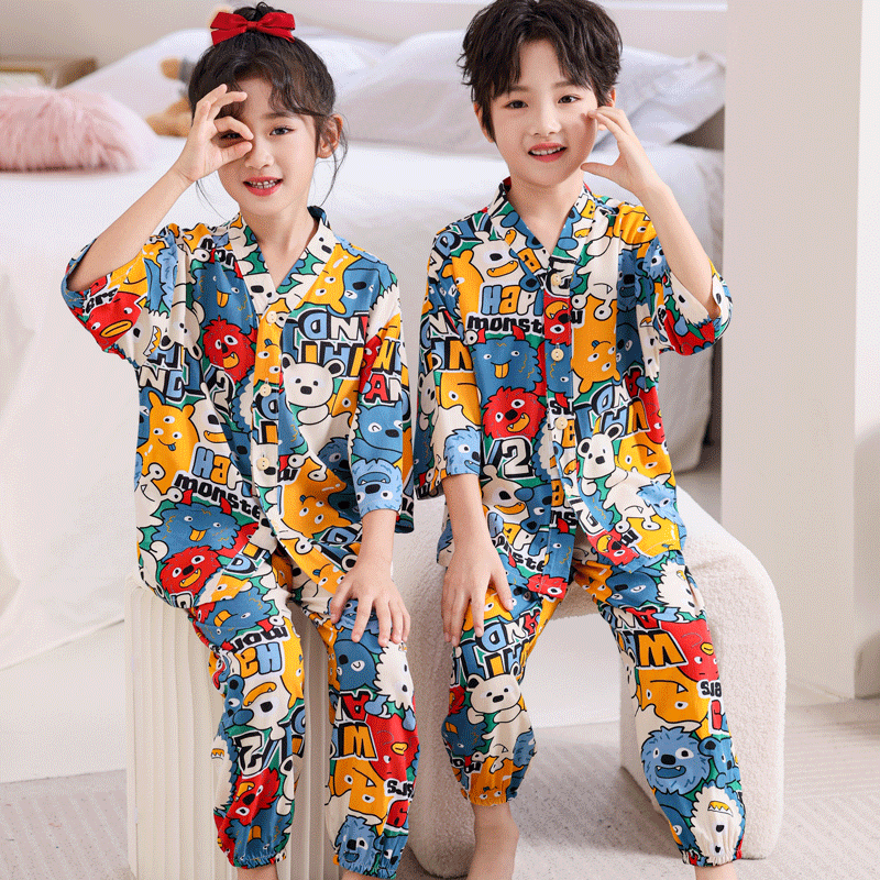 儿童夏季套装睡衣棉绸七分袖薄款男童绵绸宝家居服女童半袖空调服