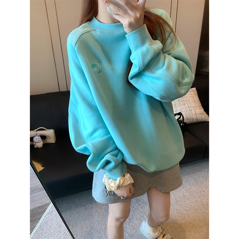 网红浅蓝色刺绣圆领卫衣女2025新款慵懒风宽松显瘦插肩袖外套潮牌