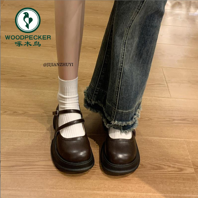 啄木鸟百搭棕色圆头厚底小皮鞋女2024新款复古乐福鞋日系玛丽珍鞋
