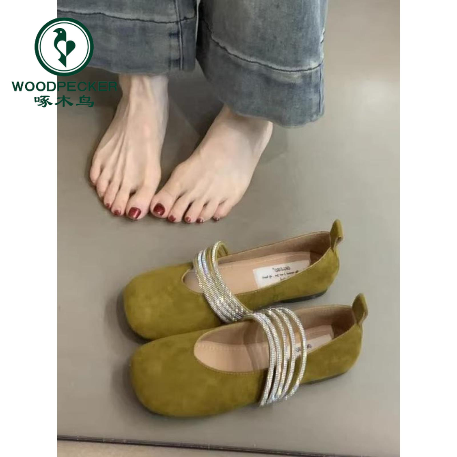 啄木鸟法式水钻细带芭蕾舞风玛丽珍鞋女春秋圆头绒面浅口单鞋女