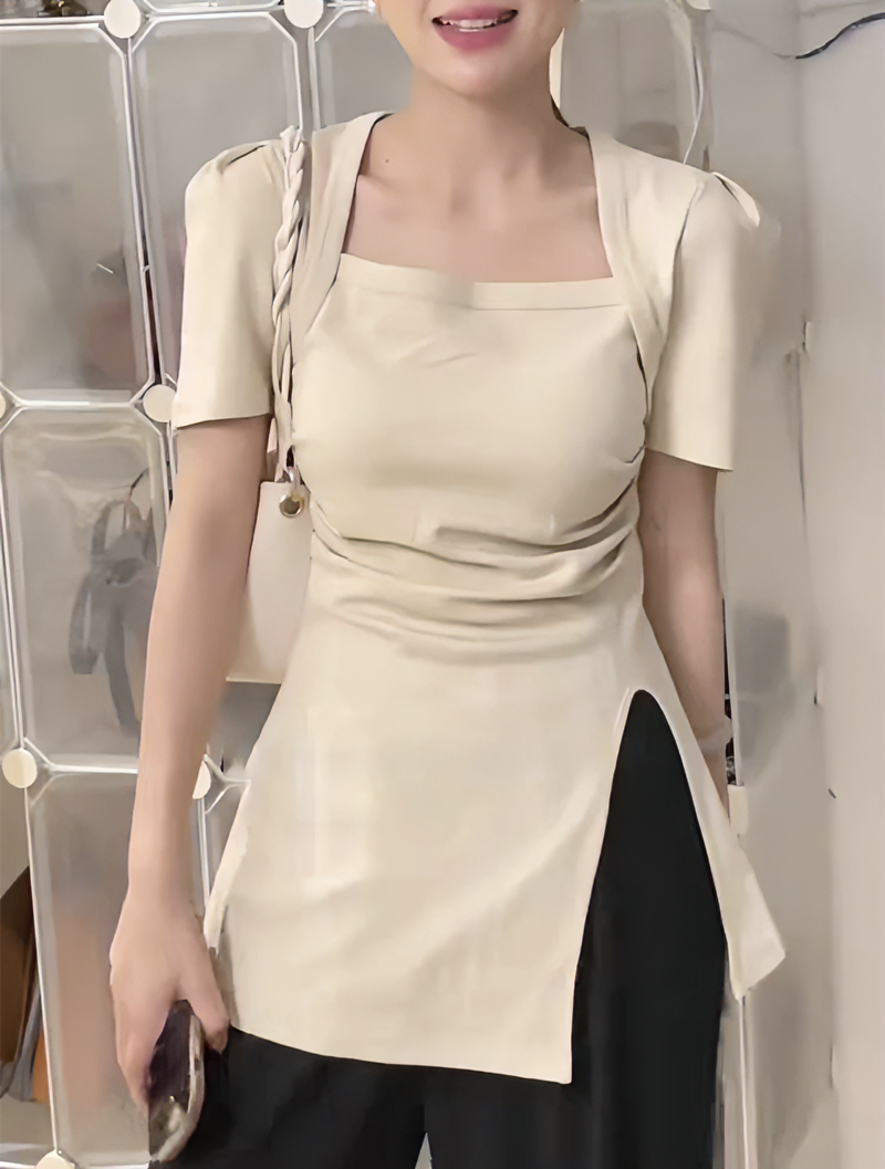 棉法式纯欲风中长短袖t恤女新款设计感显瘦开叉显瘦褶皱上衣ins夏