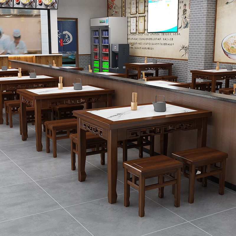 新款实木饭店餐桌椅面馆桌椅组合小吃店复古雕花早餐餐桌火锅烧烤