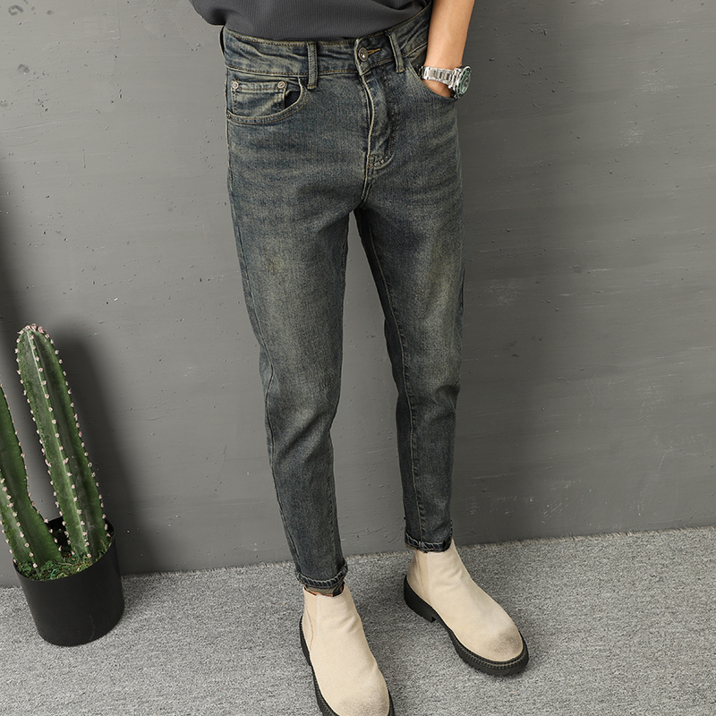 男士潮流牛仔裤秋冬新款韩版流行裤子高端美式百搭修身小脚男裤潮